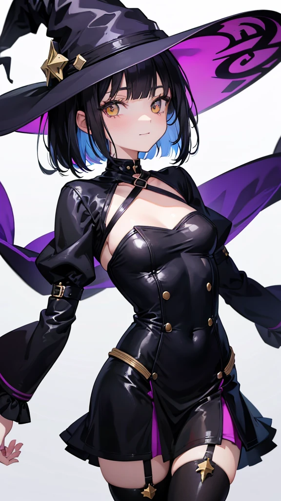 Witch's outfit, Anime-style portrait of a teen-ager girl with a deep violet bob cut, (Golden eyes), bright eyes, baby-faced, eye contact with the camera, subtle smile, minimalistic background to emphasize character, high contrast, clean lines, digital painting, vivid colors