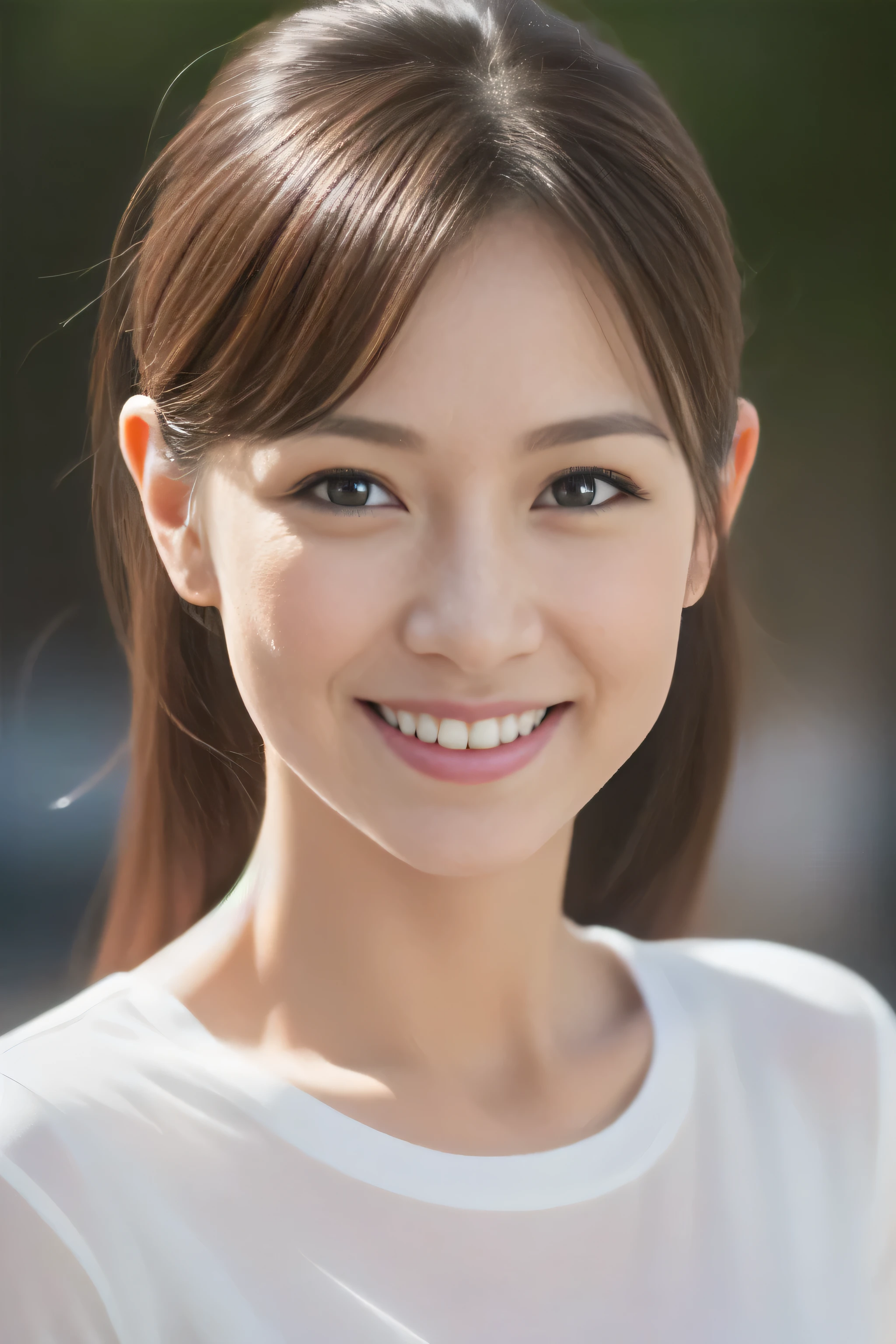 (8K,best quality,highres,realistic,professional:1.2),energetic face of a female ,36years old,t-shirt,healthy,smiling,perfect slender physique,Japanese beauty,perfect beautiful eyes and skin,upper body