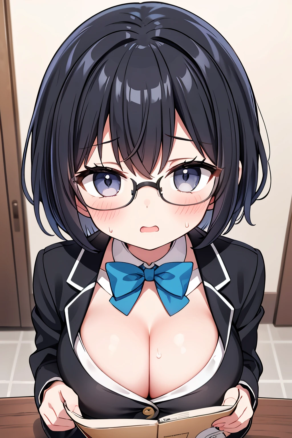 ((highest quality)), ((masterpiece)), (be familiar with), perfect face、、fluffy short hair、upward glance、big breasts、I can see the cleavage、Inside the school、shot from above、I'm embarrassed、shiny face、sweating、hair with volume、black hair、square glasses、Drool、blazer、female ager、A mole on the chest、cute face、Watery eye、