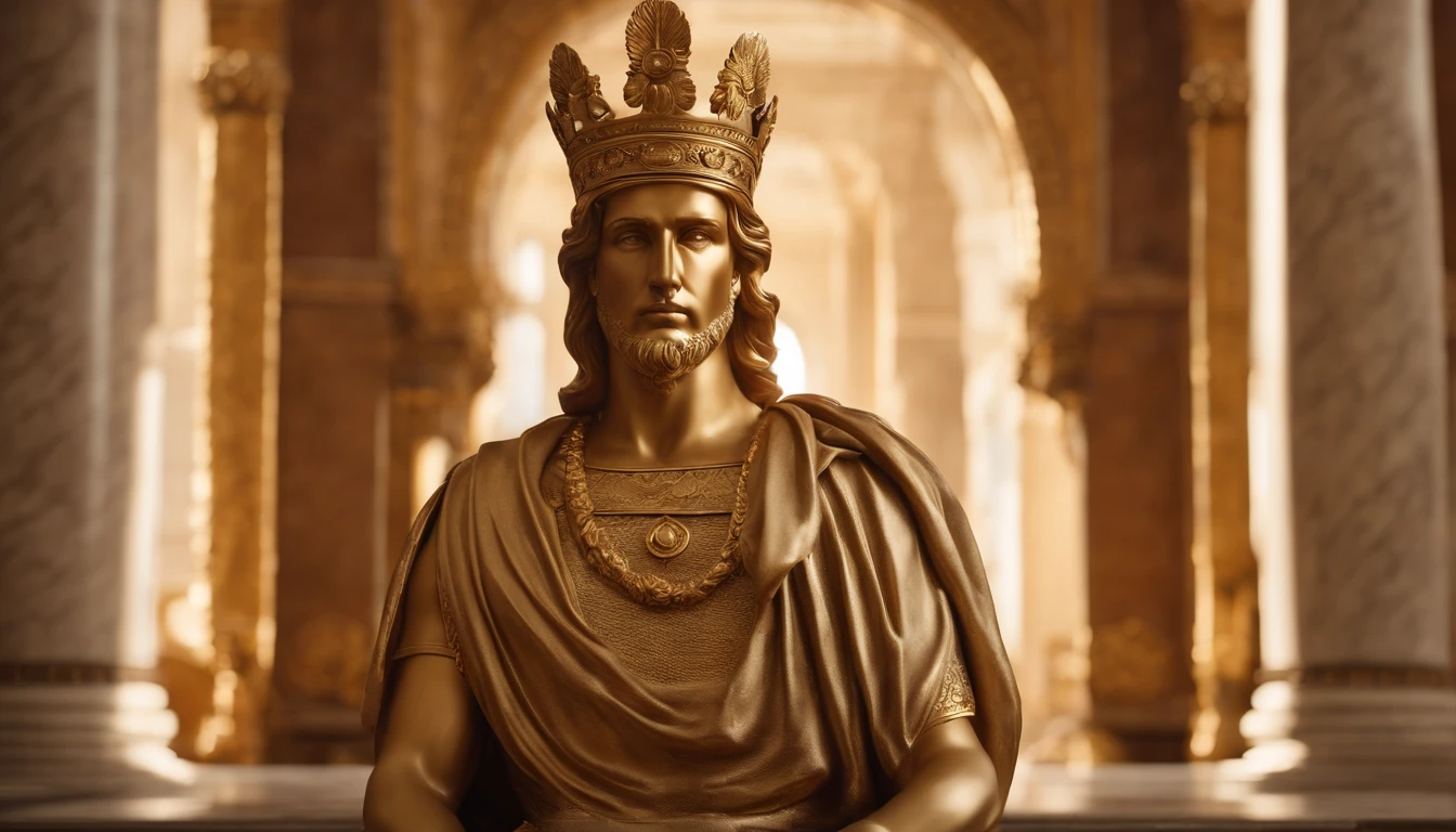 (best quality,4k,highres,masterpiece:1.2),ultra-detailed,realistic,portraits,beautiful detailed eyes,beautiful detailed lips,extremely detailed eyes and face,longeyelashes,roman emperor,Constantine the Great,imperial clothing,grand appearance,regal posture,historical presence,majestic aura,imposing figure,dramatic lighting,marble sculpture-like,ageless beauty,stoic expression,halo-like glow,rich color palette,sumptuous robes,elaborate gold accents,ornate throne,serene background,imperial authority,commanding presence,royal palace,magnificent architecture,awe-inspiring atmosphere,imperial insignia,lion motifs,radiating power,monumental grandeur,eternal legacy,divine ruler,golden age,legendary conqueror,symbol of Roman Empire,inspiration for artists throughout history.