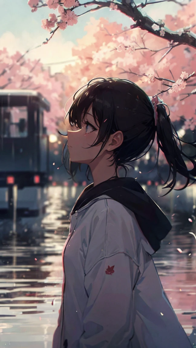 Product illustration of a girl in the rain,cherry blossoms,Look up at the sky,cherry blossomsが舞う