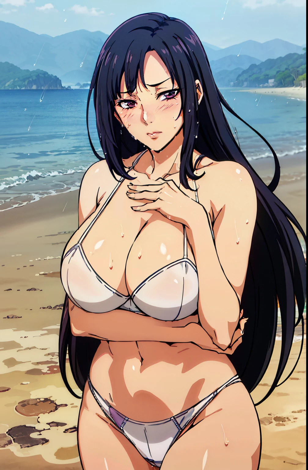 (standing), embarassing pose, white lingerie, raining, wet sand, (gloomy beach background), (gloomy weather), Litchi Faye-Ling, mature woman, anime cels style, best quality, high resolution, 1girl, (huge breasts:1.2), beautiful face, Beautiful Finger, Beautiful long legs, Beautiful body, Beautiful Nose,Beautiful character design, black hair, very long hair, Bangs, purple eyes, (cowboy shot), blushing, embarassed, looking at viewer