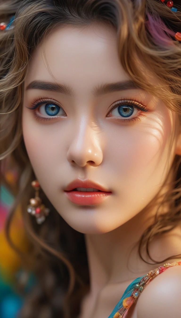 (masterpiece), (highest quality), (super detailed),(messy hair),(figure), (1 girl),  macro lens, , Are standing, looking at the viewer, , detailed and beautiful eyes, exquisite beauty, floating, (high color saturation), , focus on the face,