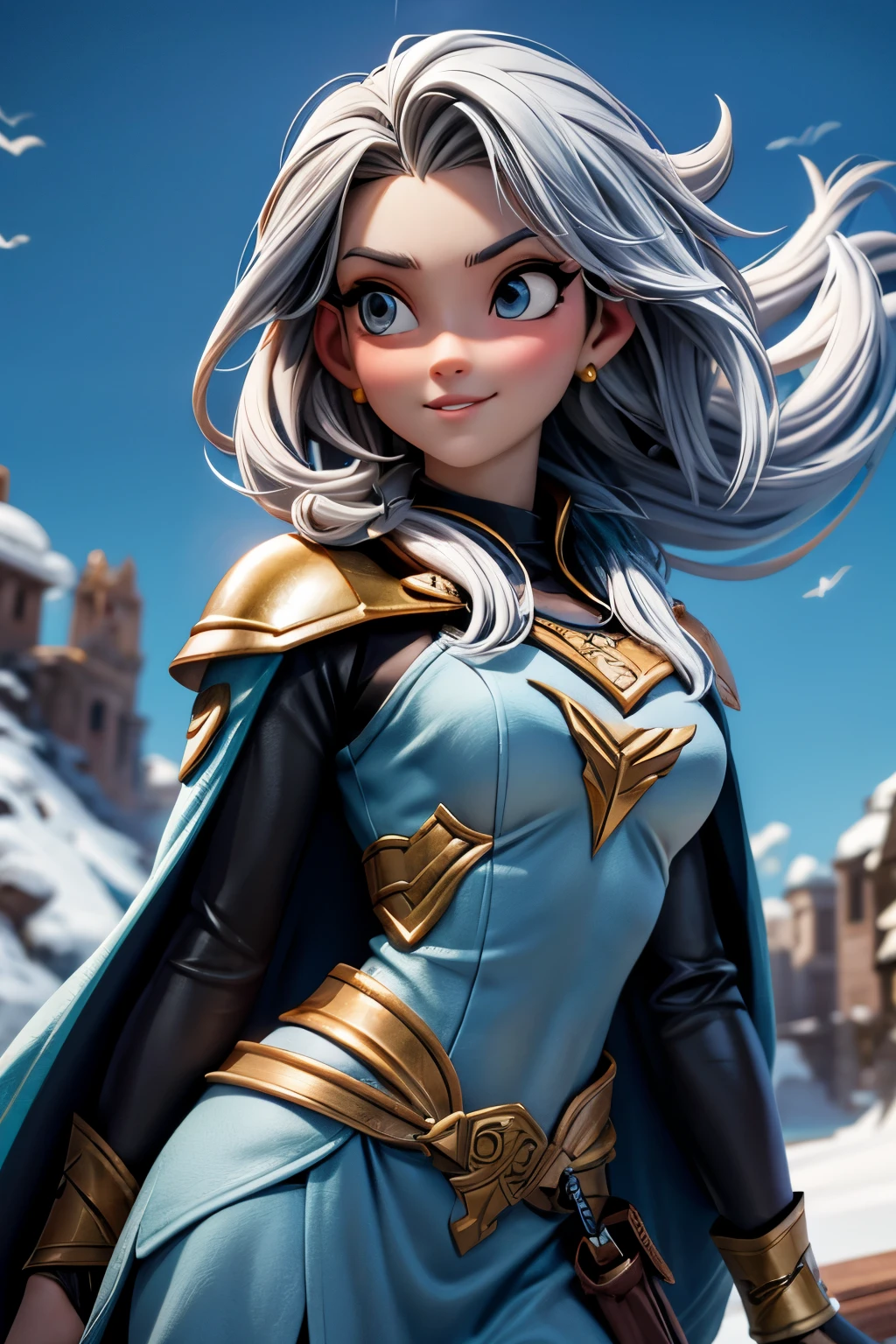  young warrior woman of nordic descent, cuerpo completo, sonriendo, piel detallada, muy detallado, cinematic lighting, ultra realista, rubor, Mirando al espectador, Anna de Frozen, Princesa, Disney, Pelo blanco, pelo largo, retrato, exterior, nieve, falda de piel, cuerpo completo, top con correa de cuero, blue gray and brown suit.