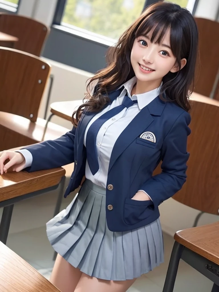 8K, highest quality, real image, intricate details, super detailed, Super high resolution, depth field,(realistic,realistic:1.2),table top , Frontal shot , From the middle , 1 girl, Eye_Chan, very beautiful 17 year old girl, innocent big eyes,、beautiful breasts:1.5、highly detailed eyes:1.2)、(beautiful breasts:1.1)、wavy hair、curly hair、black hair、bangs, perfect skin, Fair skin, huge breasts, tight waist, light blush, alone, laughing, ((School_uniform),(dark blue blazer), (white shirt、Wearing a tie), (gray pleated skirt), (sculpture installation :1.1)