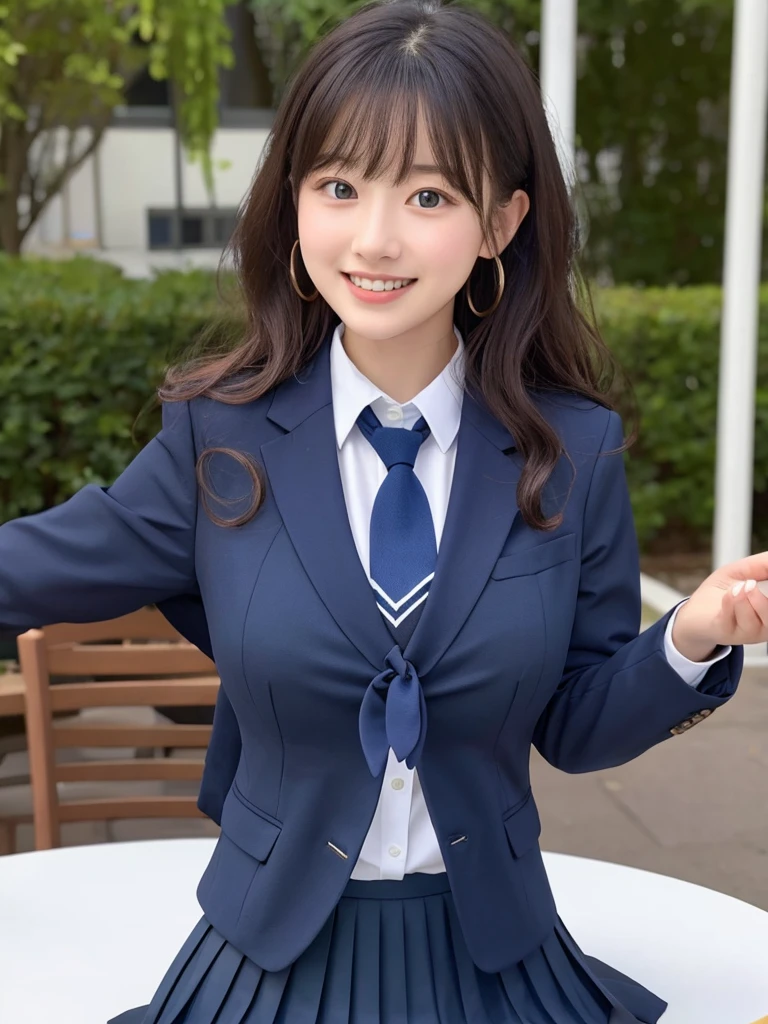 8K, highest quality, real image, intricate details, super detailed, Super high resolution, depth field,(realistic,realistic:1.2),table top , Frontal shot , From the middle , 1 girl, Eye_Chan, very beautiful 17 year old girl, innocent big eyes,、beautiful breasts:1.5、highly detailed eyes:1.2)、(beautiful breasts:1.1)、wavy hair、curly hair、black hair、bangs, perfect skin, Fair skin, huge breasts, tight waist, light blush, alone, laughing, ((School_uniform),(dark blue blazer), (white shirt、Wearing a tie), (gray pleated skirt), (sculpture installation :1.1)