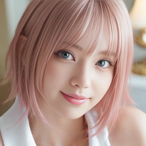 "(best quality, high resolution, tabletop, wallpaper, (realistic:1.2), bright lighting, professional lighting, face light, smooth lighting, Japanese woman, adult, beautiful woman, action, gravure, sexy, slender, incredibly beautiful, (beautiful detailed eyes:1.5), detailed face, slim, very short fluffy hair, pink hair color, brown eyes, look into the camera, (ecstasy:1.25), (orgasm:1.25), Smile、close-up of the face, camisole)"