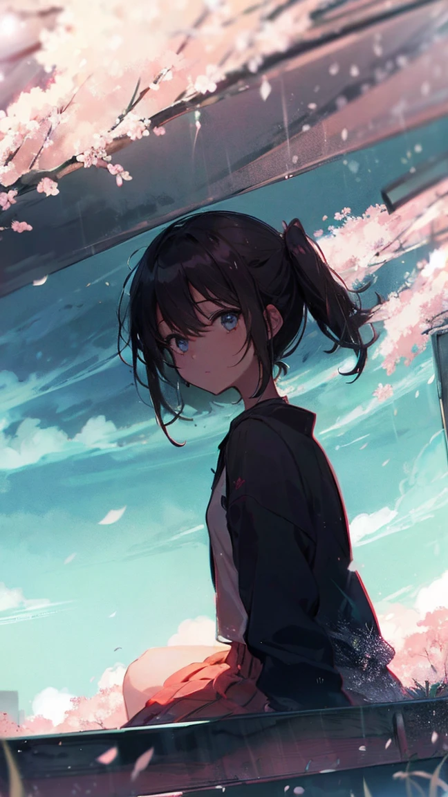 Product illustration of a girl in the rain,cherry blossoms,sitting
