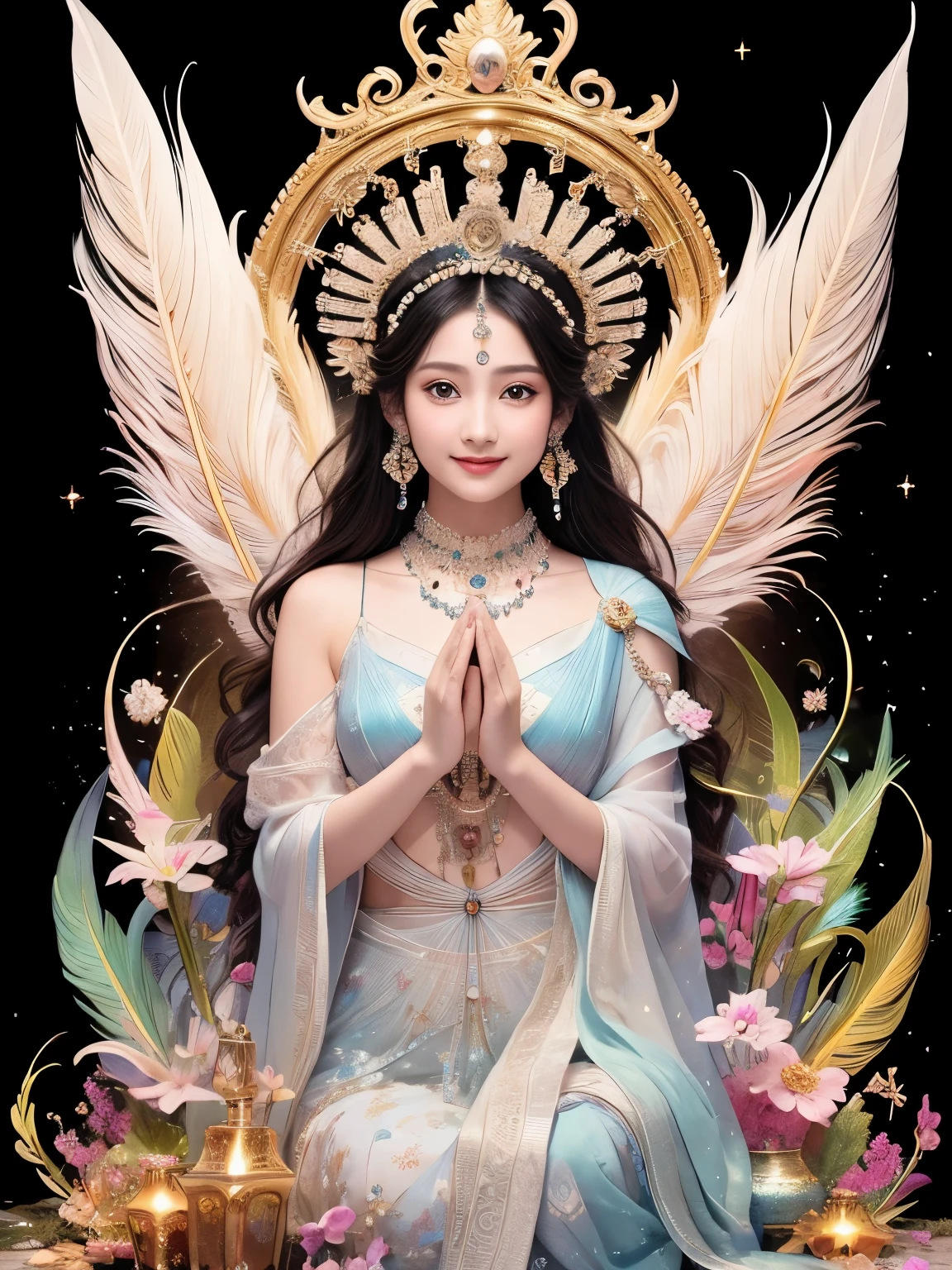 (Masterpiece、top quality、top quality、official art、Exquisite and beautiful:1.2)、(1 girl in)、Buddha's light,Current Ions,aurora,Very detailed、(fractal art:1.3)、Colorful、most detailed,(Posture in motion:1.4)、Beautiful and delicate face with details、Beautiful and delicate eyes with details、Very fine eye definition, (symmetrical eyes:1.3),((natural smile)),Floral fragrance,feather、Goddess image