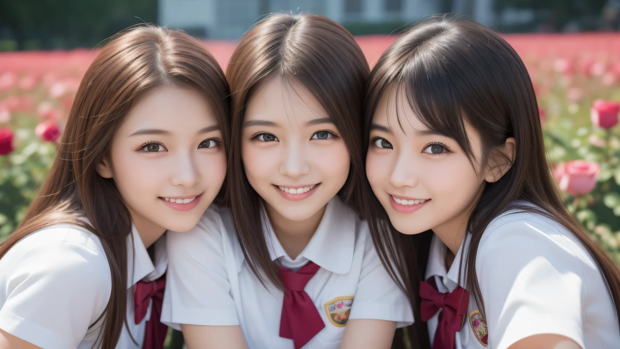 (1girl), (big smile), beautiful face, Amazing face and eyes, delicate, (Best Quality:1.4), (Ultra-detailed), (extremely detailed beautiful face), (princess hair cut style), cute smile, brown eyes, (highly detailed Beautiful face), (short sleeves school uniform:1.3), (extremely detailed CG unified 8k wallpaper), Highly detailed, High-definition raw color photos, Professional Photography, Realistic portrait, evening, Extremely high resolution, smiling, modern, trendy, fashionable, Group photo of high school girls, face close-up, pink Flower field, many rose flowers,