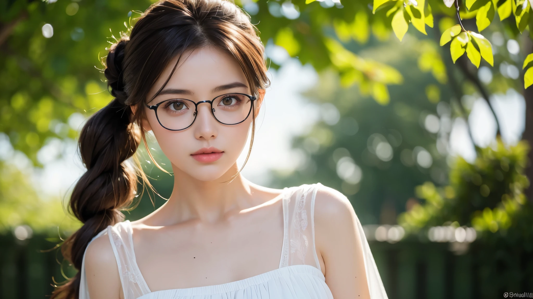 (8K, raw photo, highest resolution, master piece: 1.2), (real, photoreal: 1.37), ultra-definition, ultra-high resolution, (1 girl: 1.8), looks at the viewer, beautiful face in every detail, waist, (Slim waist) :1.3), ((White blouse)), Delicate and beautiful skin, skin texture, flowing hair, ((Hair tied up)), Midday park, ((Black square glasses) ), whole body, brown hair,