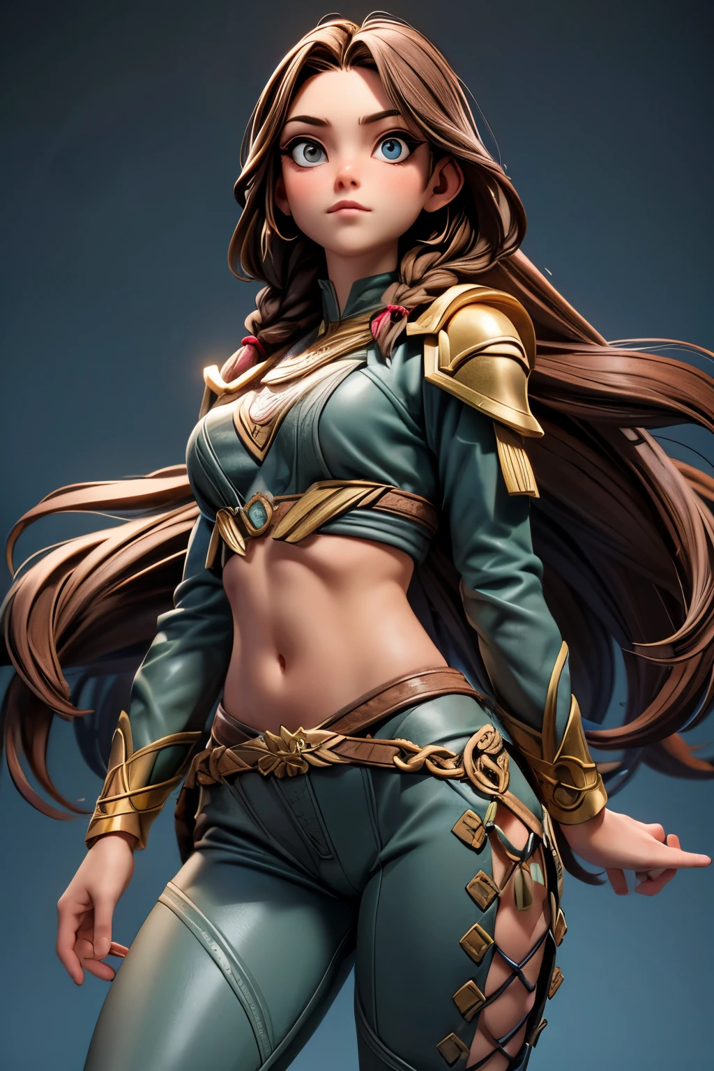 (Obra maestra, La mejor calidad) (young warrior woman of nordic descent), (Age 18 years) (cuerpo completo) (ojos verdeuscular), (falda de piel), (brown hair color),(loose hair with small braids on the scalp), (top con correa de cuero) plumas, (azul, gray and brown suit), (cuerpo completo).
