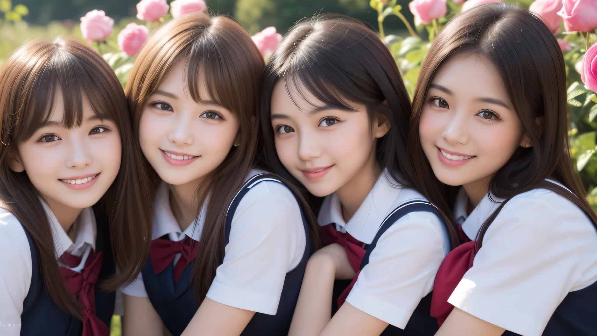 (1girl), (big smile), beautiful face, Amazing face and eyes, delicate, (Best Quality:1.4), (Ultra-detailed), (extremely detailed beautiful face), (princess hair cut style), cute smile, brown eyes, (highly detailed Beautiful face), (short sleeves school uniform:1.3), (extremely detailed CG unified 8k wallpaper), Highly detailed, High-definition raw color photos, Professional Photography, Realistic portrait, evening, Extremely high resolution, smiling, modern, trendy, fashionable, Group photo of high school girls, face close-up, pink Flower field, many rose flowers,