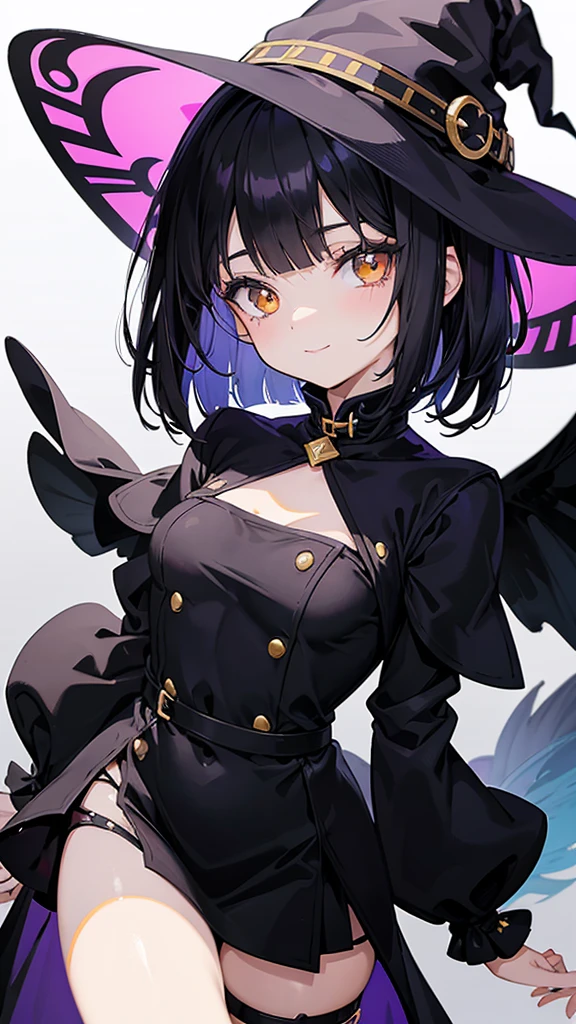 Witch's outfit, Anime-style portrait of a teen-ager girl with a deep violet bob cut, (Golden eyes), bright eyes, baby-faced, eye contact with the camera, subtle smile, minimalistic background to emphasize character, high contrast, clean lines, digital painting, vivid colors