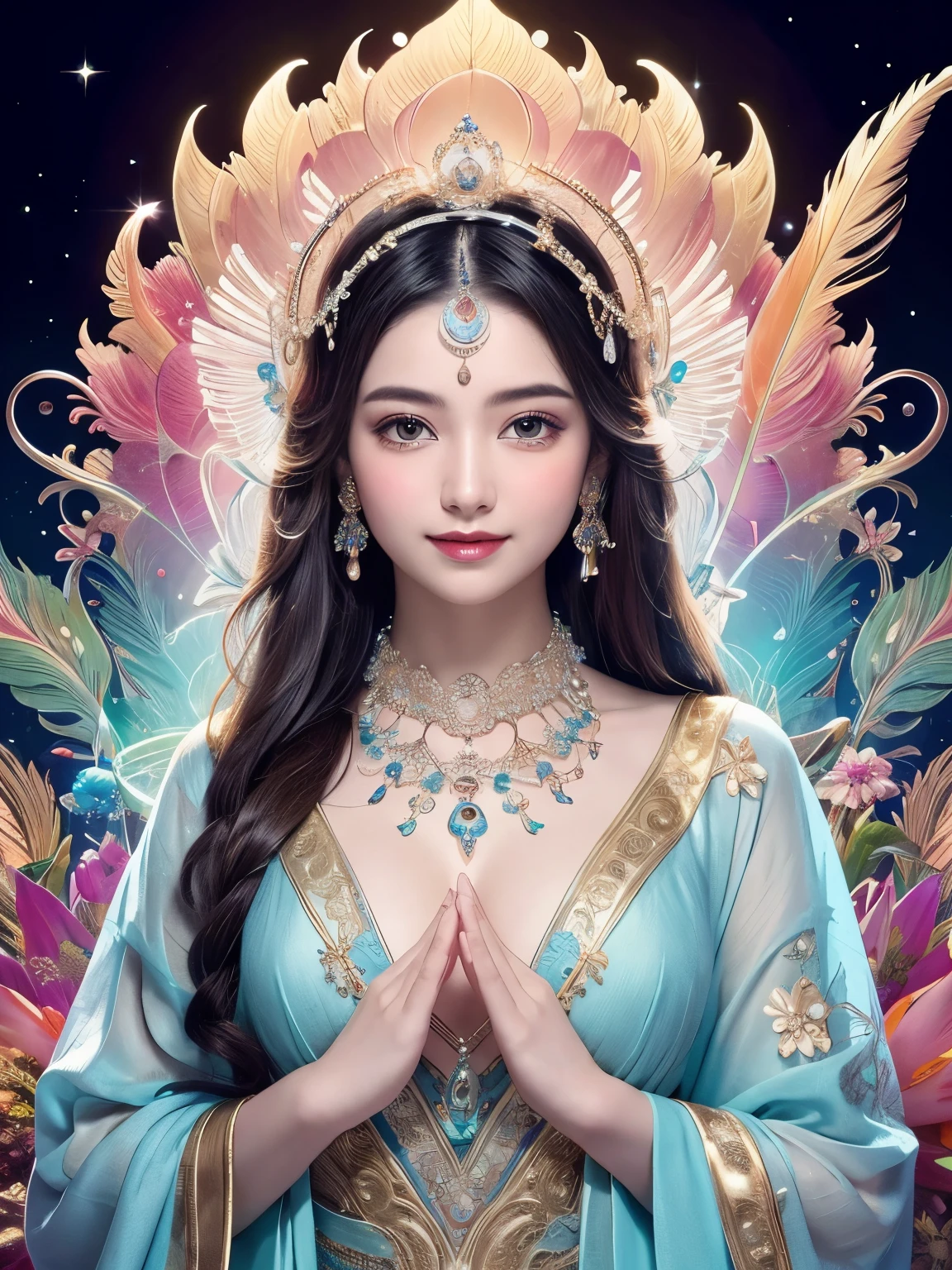 (Masterpiece、top quality、top quality、official art、Exquisite and beautiful:1.2)、(1 girl in)、Buddha's light,Current Ions,aurora,Very detailed、(fractal art:1.3)、Colorful、most detailed,(Posture in motion:1.4)、Beautiful and delicate face with details、Beautiful and delicate eyes with details、Very fine eye definition, (symmetrical eyes:1.3),((natural smile)),Floral fragrance,feather、Goddess image