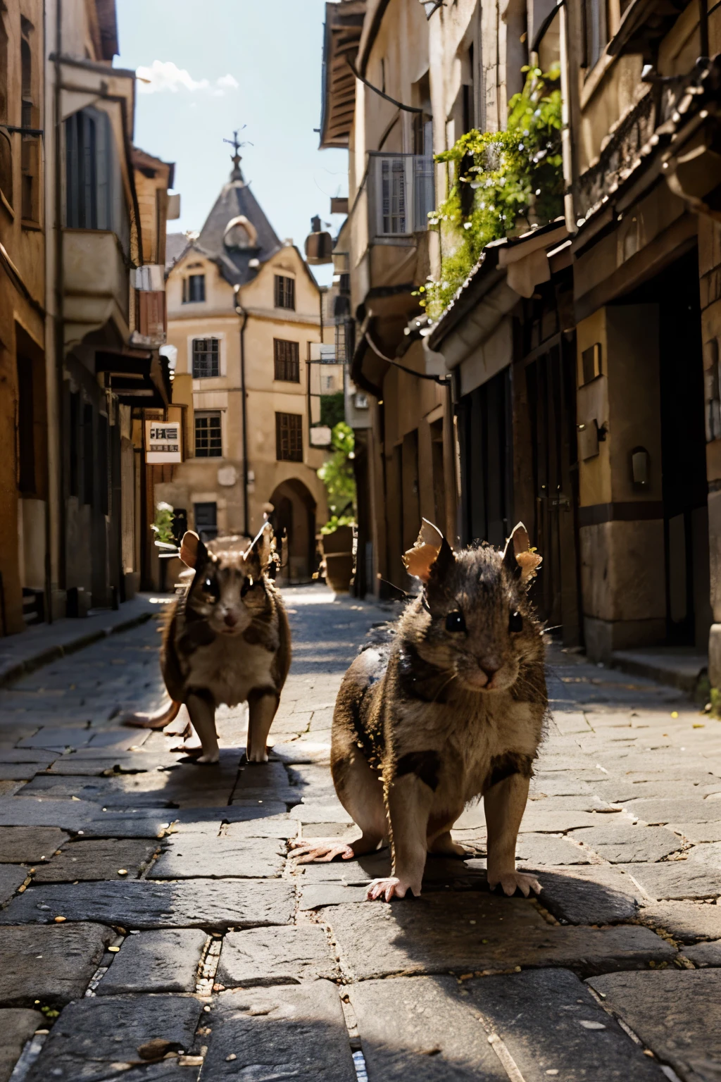 Picture prompt: A captivating scene of three mice scampering across the road in an ancient city.
(Best quality, Ultra-detailed: 1.1), Ancient city setting, (low angle: 0.5), Mice: three, adorable, (quick movement: 0.8), Brown fur, (pointed snouts: 1.3), Large, expressive ears, (bright, alert eyes: 1.4), Shadowy alley, intricate cobblestone pavement, sun-kissed ancient buildings, historic architecture, vibrant colors, (shallow depth of field: 1), Dappled sunlight filtering through, dramatic