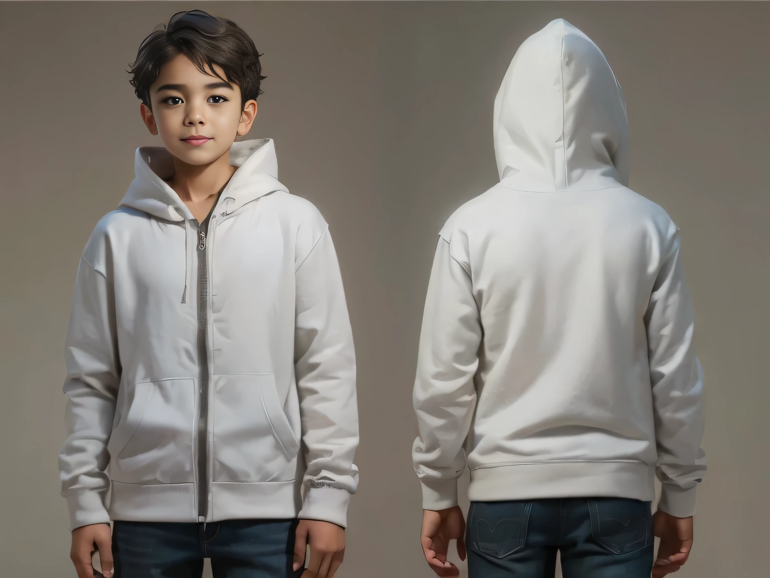 arafed image of a boy in a white hoodie and jeans, hoodie, wearing a hoodie, hoody, casual clothing, cool white, wearing hoodie, wearing a hoody, highly detailed clothing, children, high quality portrait, young boy, white jacket, casual clothes, realistic clothing, round hood, in a hoodie, classic portrait, for kids, best selling, SMILING