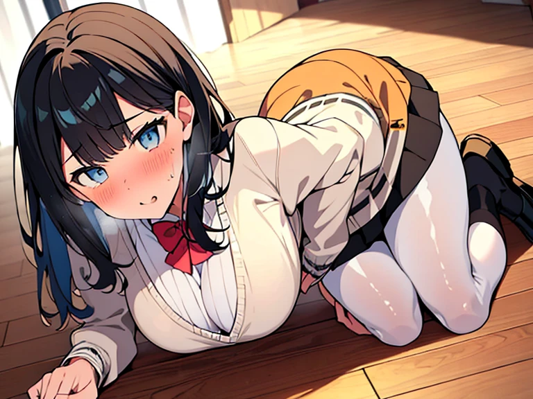 (masterpiece:1.3), (High resolution), (8K), (very detailed), (4k), (pixiv), perfect face, Beautiful eyes and face, (highest quality), (Super detailed), detailed face and eyes,RikkaT, white cardigan, black pantyhose,pubic hair,yellow peeを漏らす女の子,1 girl,alone, embarrassing, blush,yellow pee, (sweating:1.4),spread your legs,1 girl, (alone)