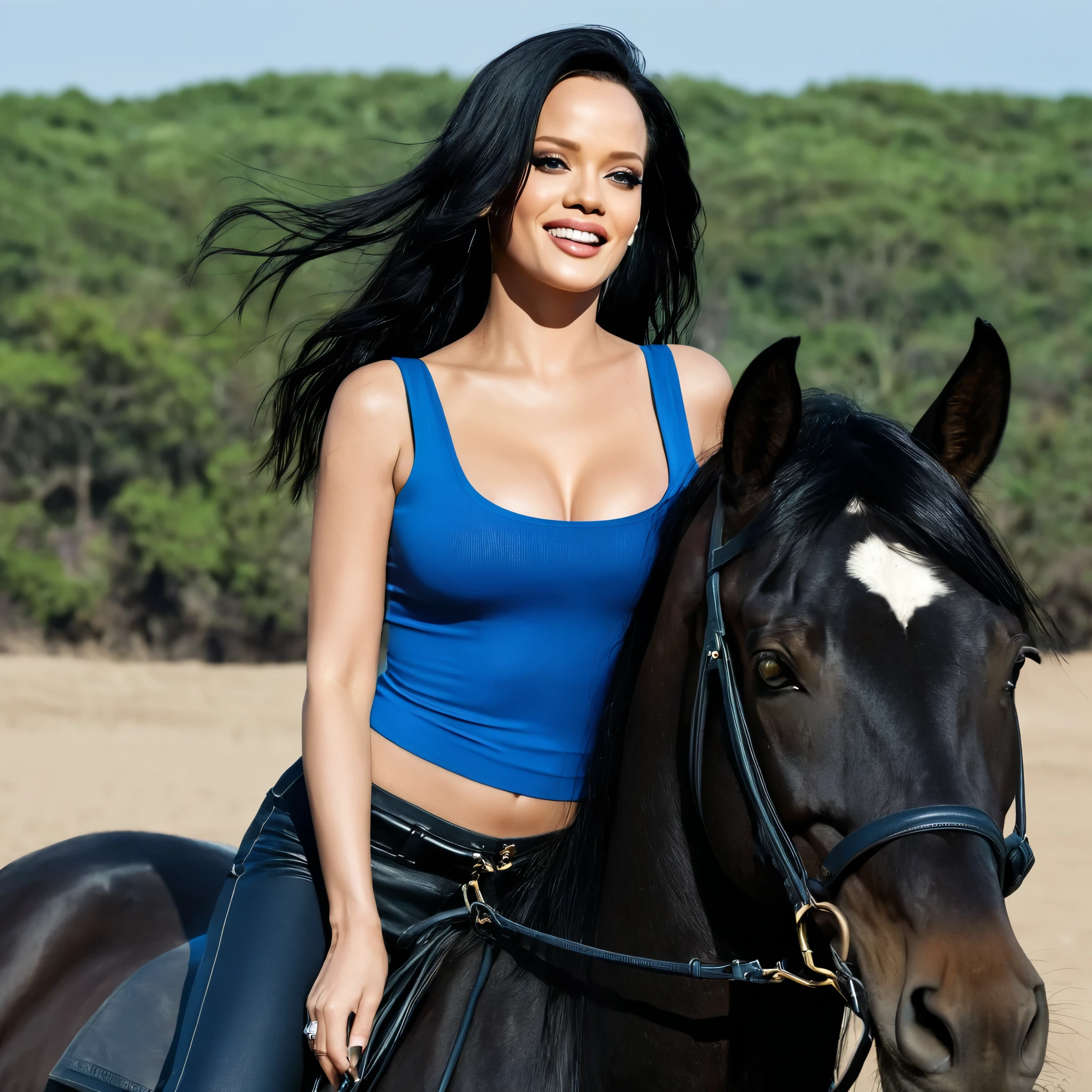 (best quality)), ((masterpiece)), (detailed), one girl, perfect face, female with long black color hair, Straightened and flat long hair, perfect body, big , blue color eyes, big eyes, strong makeup, Full lips, big smile, OPEN mouth, perfect teeth, strong hips, whole body, rides a horse, 10 AM, daylight, sunlight , tight pants, tight shirt, rihanna, Angelina Jolie, Monica belluci