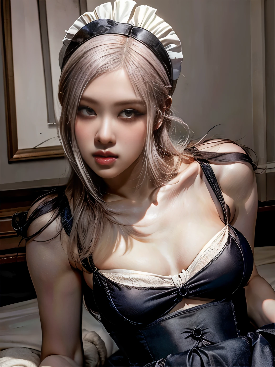 (masutepiece: 1.3), (max resolution: 1.2),8K resolution, Detailed eyes and skin, detailed facial features, , (Sharp Focus: 1.2), (Focus on Face:1.2),Perfect Style, Beautiful face, acurate, Anatomically correct, Highly detailed face and skin texture, Detailed eyes, Double eyelids, Thin eyebrows, eye liner、Natural cheeks, Glossy skin, Fair skin: 1.2, (Glossy lips: 1.4),、 (Shy look: 1.2),Highly detailed facial and skin texture, Detailed eyes, Double eyelids, Natural cheeks, , shiny lips: 1.4,Exposed cleavage、 red blush、embarrassed from,White underwear、White bra、Shiny little earrings and necklaces、、Disheveled clothes、Dressing、Exposed panties、Wearing sweat、sodden、Sheer underwear、Full body like、all-fours、20 years old, Neat and clean woman 、Wavy Hair、 Semi-long pink hair, Big, upturned breasts,on the beds, Late night bedroom、Blue ash eyes,(detailed maid outfit:1.5)、