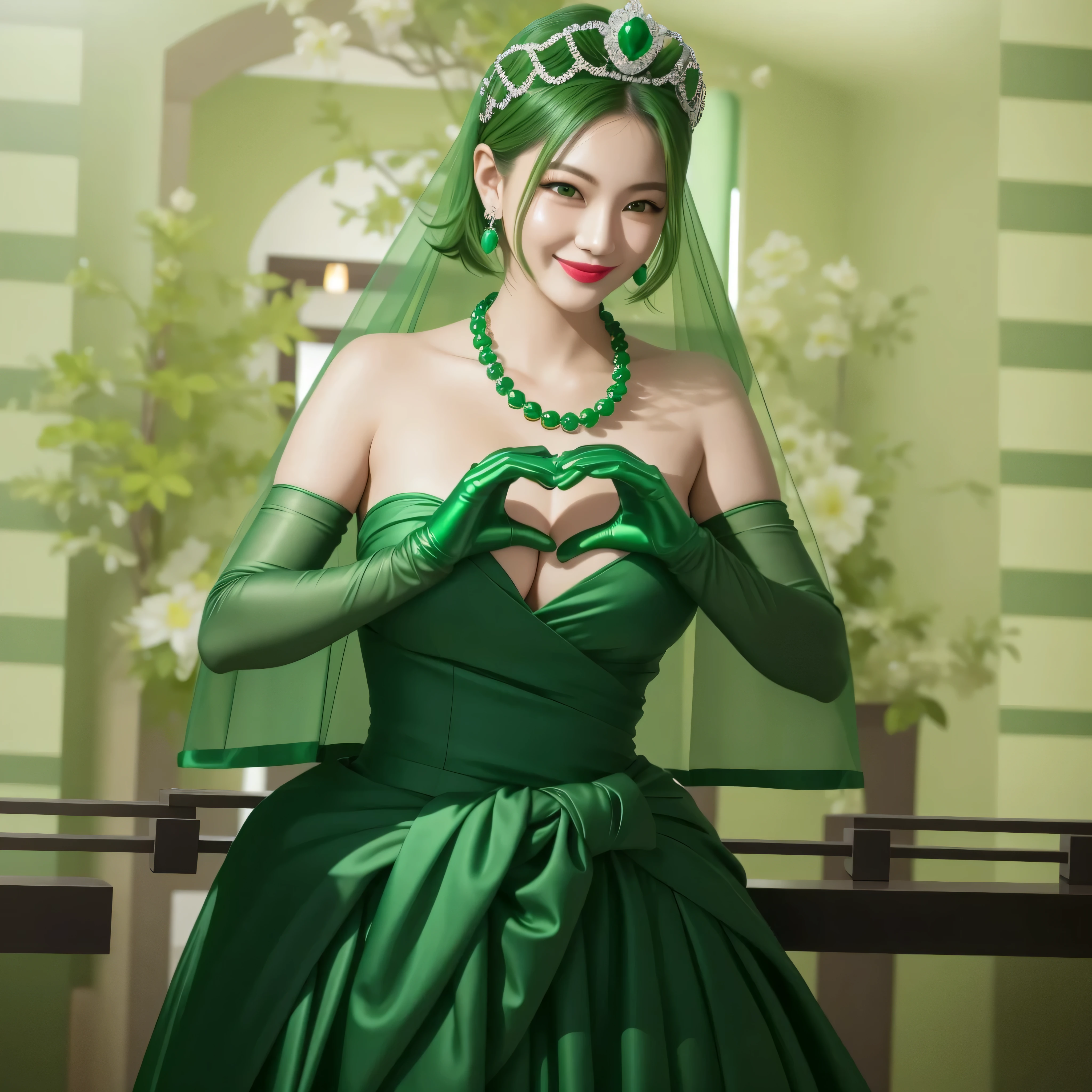 emerald tiara, green pearl necklace, boyish very short green hair, green lips, smiling Japanese woman, very short hair, Beautiful woman with big breasts, green eyes, green satin long gloves, green eyes, emerald earrings, green veil, Heart with both hands, green hair, beautiful japanese woman, heart shaped hands:1.3, green lip gloss