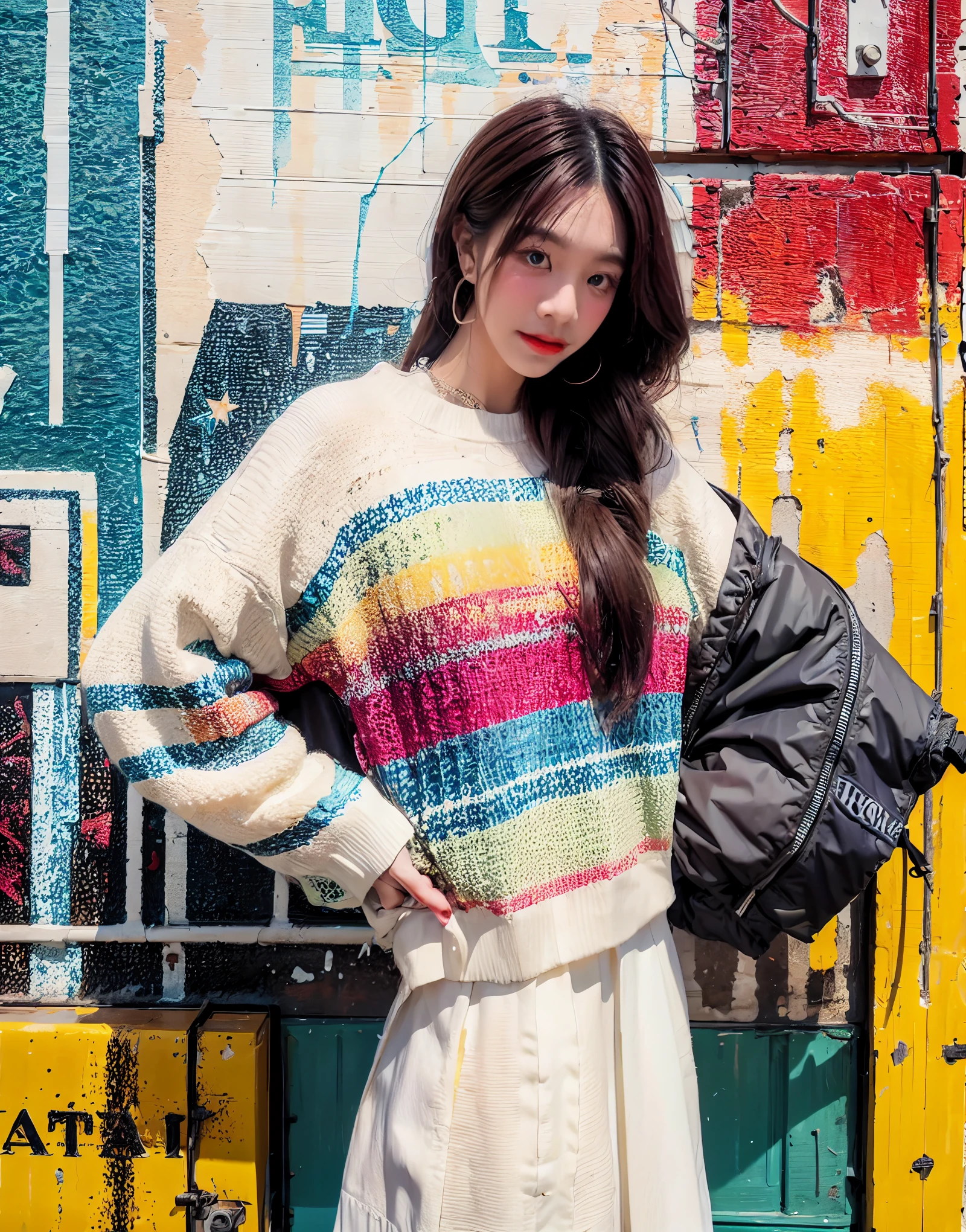 Korean woman in colorful hat and sweater stands on balcony, Wearing a colorful cookie sweater, 2 0 2 0 Fashion, Multi-color, multicolored, Colorful costumes, colourful, colourfull]", cute colorful adorable, Multi-color, ornate clothes, colourfull, Rainbow Clothes, Super colorful, Colorful aesthetics, Very gorgeous., ( colourfull ), It's very colorful