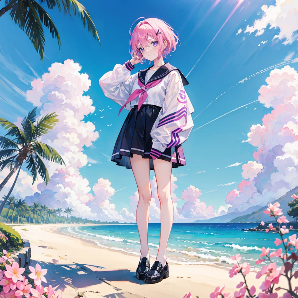 pink hair，purple eyes，short hair，sister head，earring ，Two black hairpins，girl，cute，Sailor suit，small leather shoes，full-body shot，Side view of the whole body，Standing on the ground seaside garden，many flowers，beach，Background blue sky and white clouds
