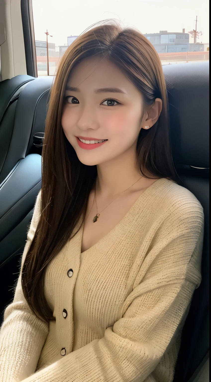 Hakata Station in Japan、Winter clothes、long sleeve、The car is a light minivan. chest is small、A woman is seated in the rear seat, facing towards us. She is dressed in winter clothing, with her upper body down to her thighs visible、sitting in the back seat of a car, car seats are red、car is jeep、服はおしゃれなWinter clothesを着ている、highest quality, figure, super detailed, finely, High resolution, 8k wallpaper, 完璧なダイナミックな構figure, beautiful and fine eyes, dress,medium hair, middle of chest, natural color lip, random sexy poses,smile,tower apartment