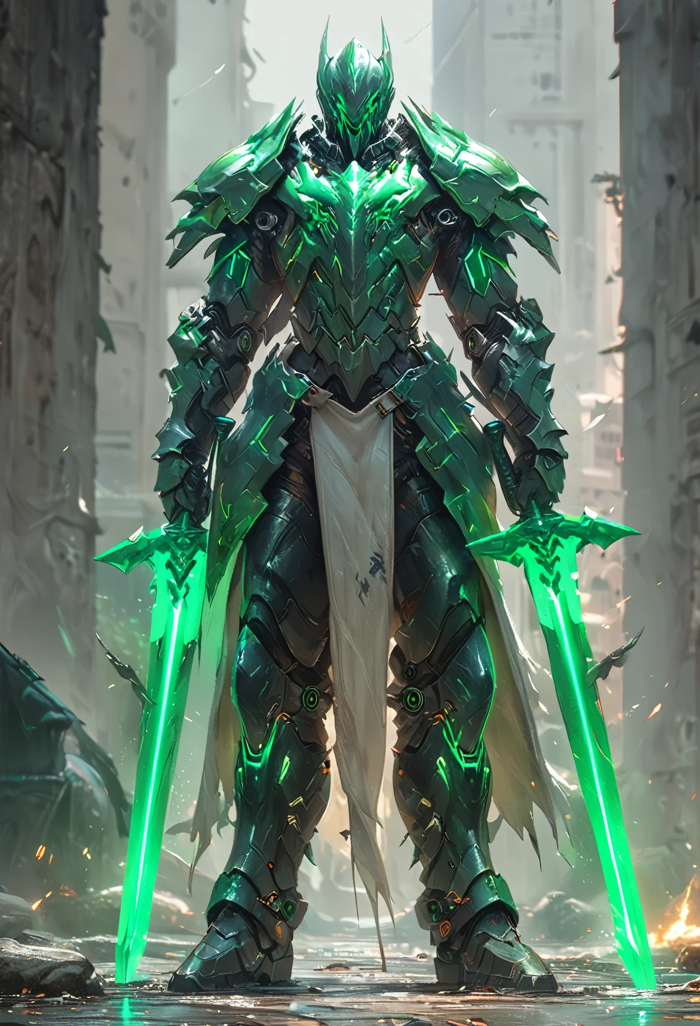 a person holding a sword in a city, concept art by Yang J, trending on Artstation, fantasy art, from arknights, glowing green soul blade, style of raymond swanland, anime concept hdr anime macmanus, trending on artstation:3, death knight, genji, arknights, reaper from overwatch, king of time reaper, (Dragon Guard  ARM, GLOVES), (white, BLACK), (MECHA CYBER  SHINY ARMORED SUIT, A PAIR MECHANICAL ARMOR:1.4)