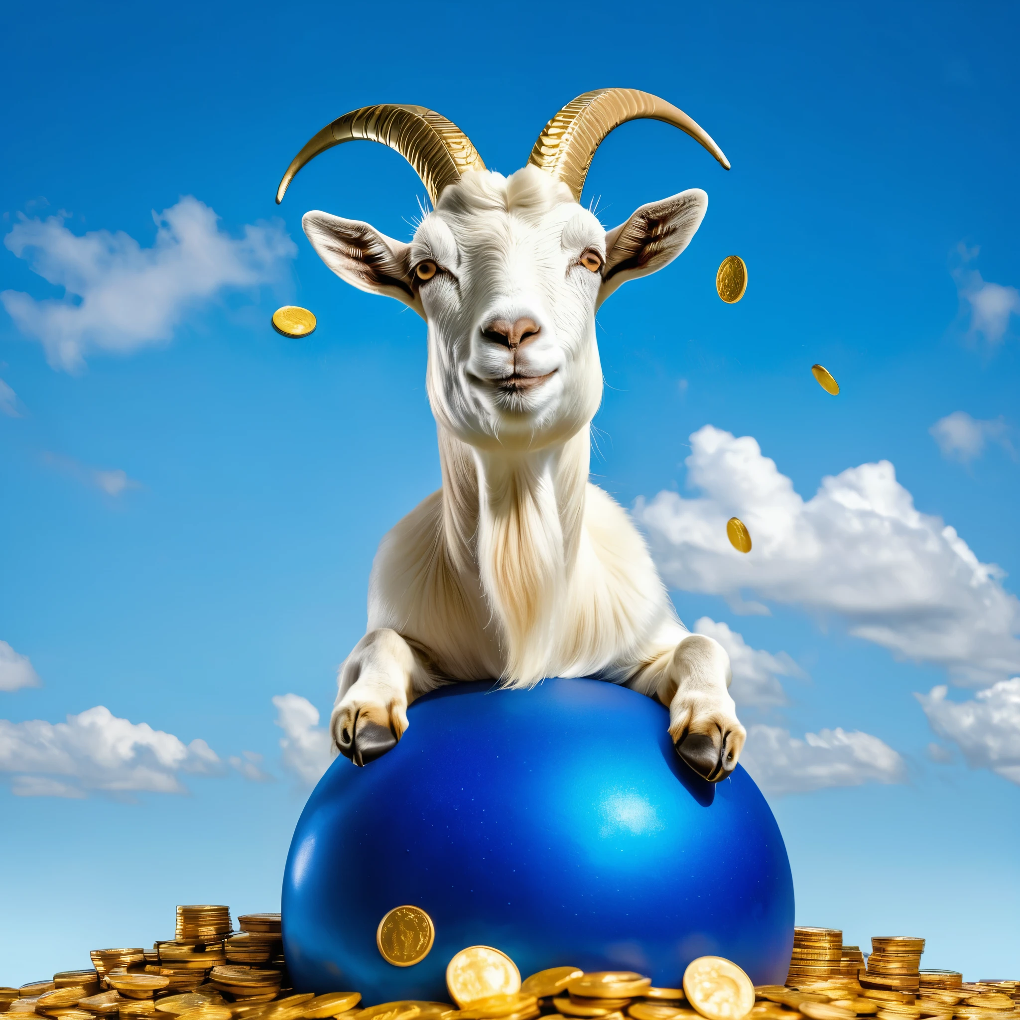 A wealthy goat posing on the top of a big blue sphere with gold coins raining