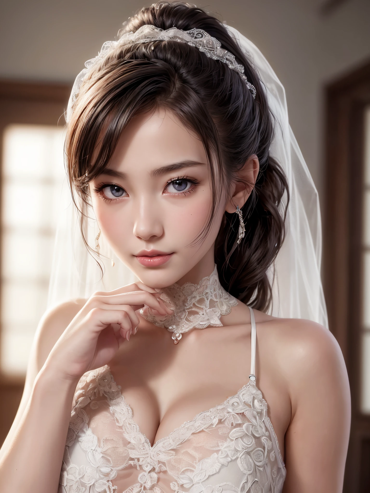 (1 girl), ponytail, very cute face, wonderful face and eyes, (very detailed目, very detailed顔), Fresh, ((long ponytail)), (surreal, High resolution), (highest quality:1.4), (hyper quality), real skin texture, Raw photo, (realistic, Photoreal:1.37), very detailed, professional photography, (beautiful lace bridal dress:1.5), (open front lace bridal dress), (cleavage:1.2), (bare shoulders), smile a little, (look at me), luxury living room, girl portrait,Skin-tight clothing、(erect nipples :1.4), written boundary depth, cinematic light, Lens flare, ray tracing, (face with intricate details, beautiful lips, beautiful eyes, (professional lighting), (16K), highest quality , 超High resolutionの出力画像, (intricate details), (Image mode to Ultra HD), , beautiful hands, beautiful fingers, Detailed functions of fingers, Detailed characteristics of hair, detailed facial features, Detailed features of the garment, Decorative detailed bra,NSFW