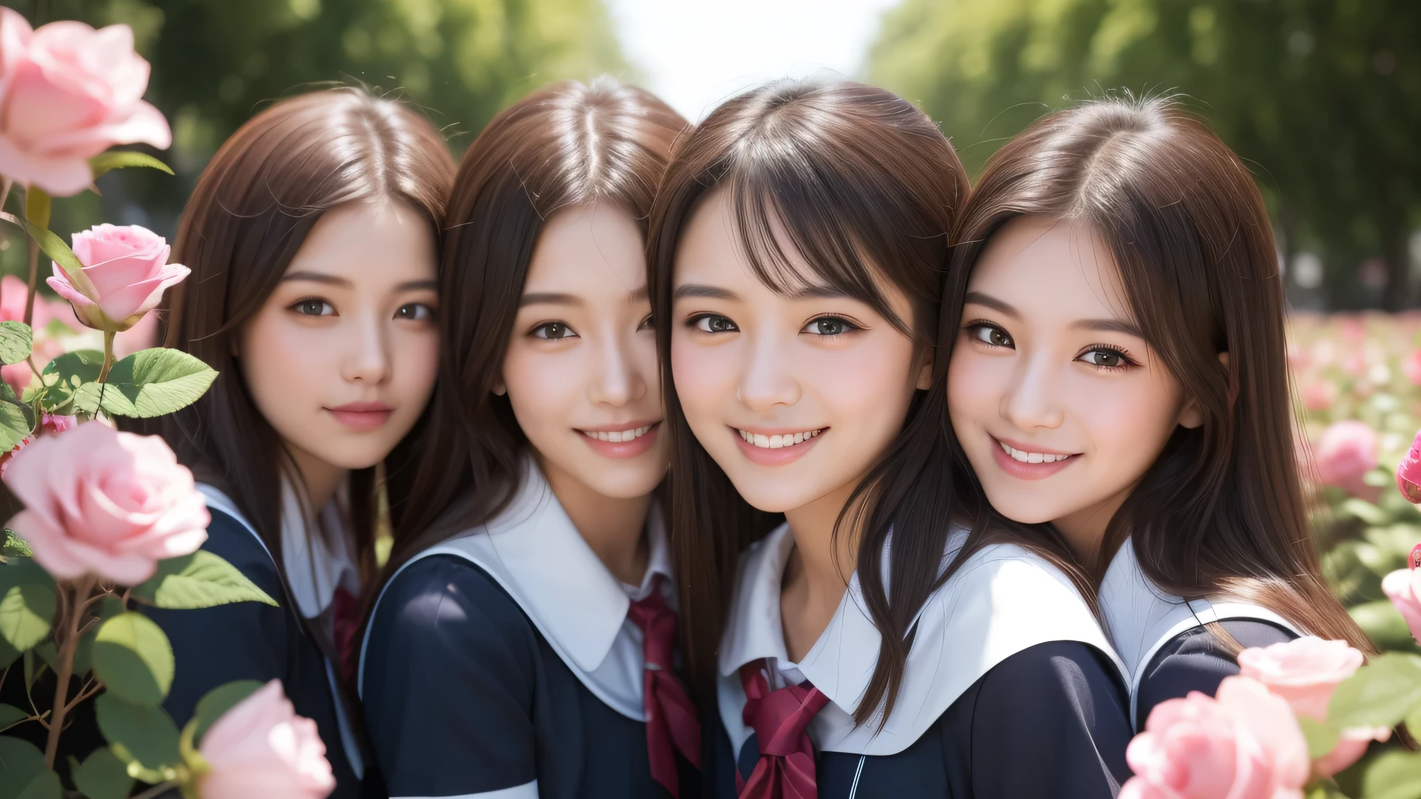 (1girl), (big smile), beautiful face, Amazing face and eyes, delicate, (Best Quality:1.4), (Ultra-detailed), (extremely detailed beautiful face), (princess hair cut style), cute smile, brown eyes, (highly detailed Beautiful face), (short sleeves school uniform:1.3), (extremely detailed CG unified 8k wallpaper), Highly detailed, High-definition raw color photos, Professional Photography, Realistic portrait, evening, Extremely high resolution, smiling, modern, trendy, fashionable, Group photo of high school girls, face close-up, pink Flower field, many rose flowers,