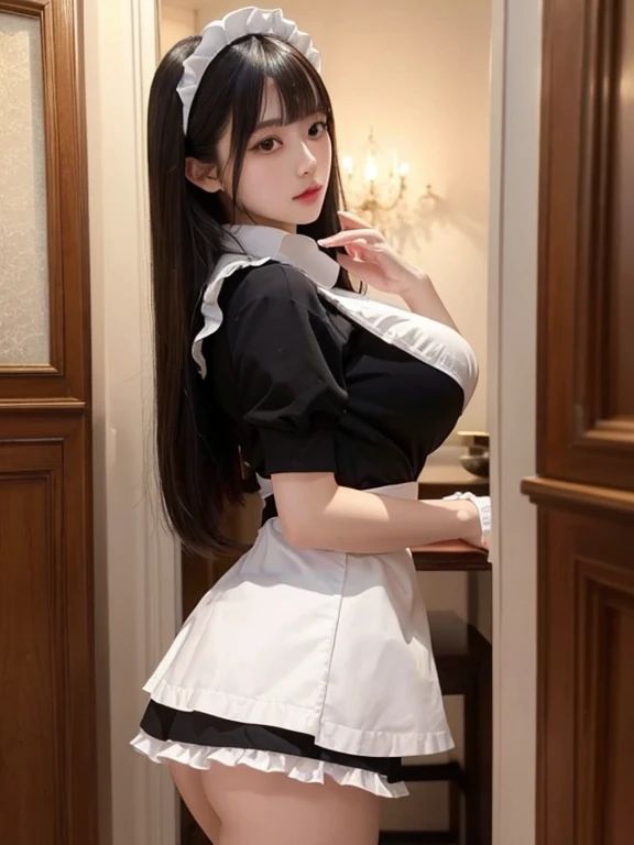 highly detailed background, masterpiece, highest quality, ((masterpiece, highest quality)),best aesthetics, big breasts,Japanese,Fair skin,long hair,bangs bangs, eye shadow, looking at the viewer,(maid),(maid),Dangerous,mini skirt