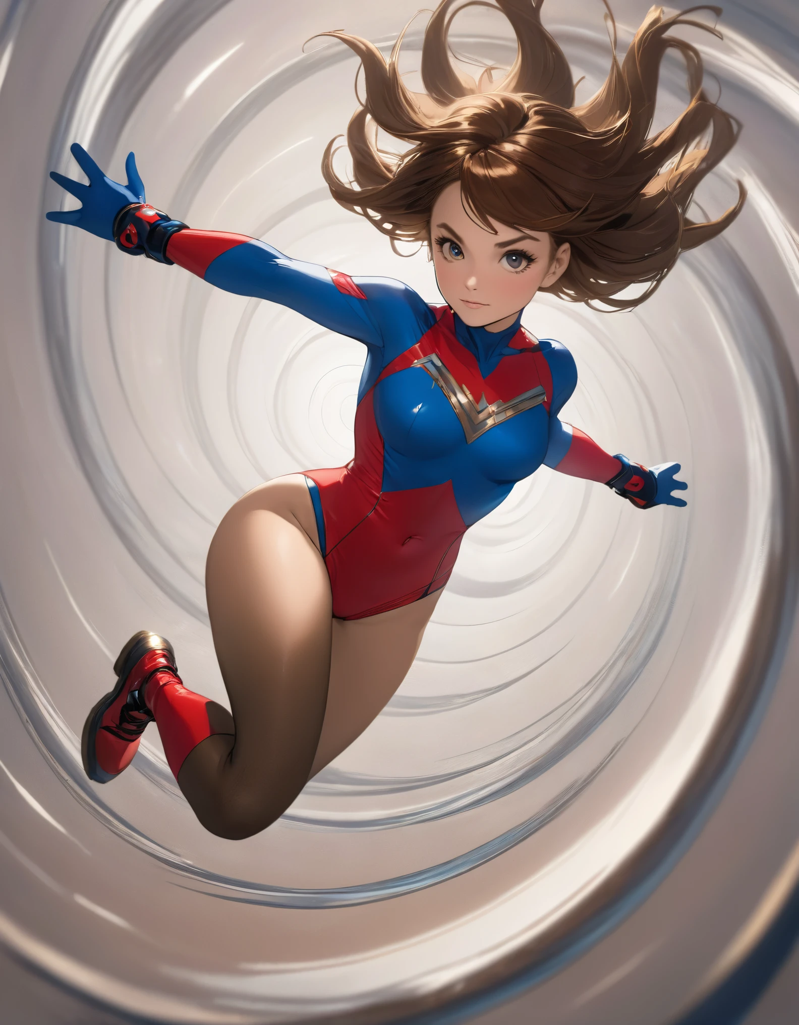 1girl, solo, solo focus, a female superhero spins in place like a tornado, medium breasts, leotard, red and blue leotard, bare legs, boots, matching boots, gloves, matching gloves, brown hair, full body, spiral lines, time travel
