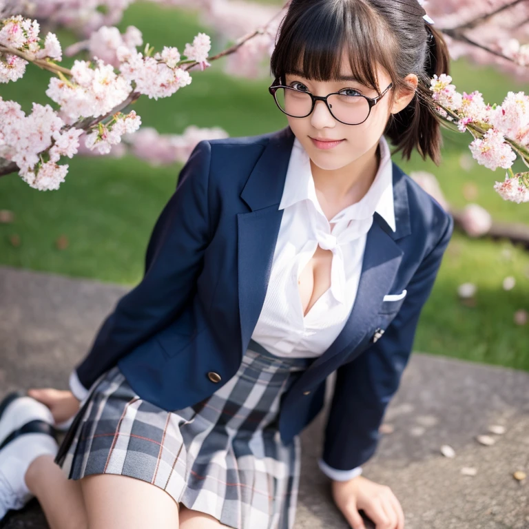 (masterpiece, highest quality, High resolution,8K), Beautiful 15 year old Japanese student, wear glasses, beautiful black hair, wear glasses, Traditional ,(navy blue blazer,white collared shirt, dark red bow tie, Checkered grey pleated skirt, white socks, black loafers), big breasts, cleavage, Japanese school with cherry blossoms in full bloom , Photographed at the best angle
