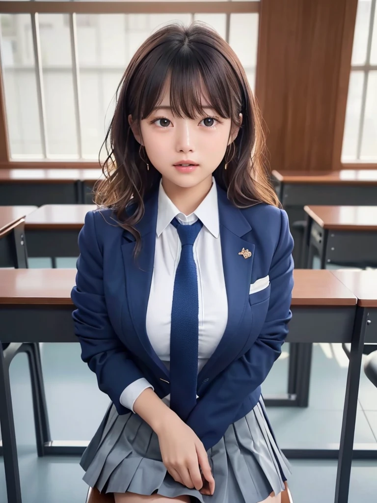 8k, highest quality, real image, intricate details, Super detailed, ultra high resolution, depth field,(realistic), (realistic:1.2), (full body:1.3), (crying face:1.3), (tears:1.2), (lamentation:1.3), sitting on a chair, 1 Japanese girl, (small eyes:1.2), very beautiful  girl, (beautiful breasts:1.5, highly detailed eyes:1.2), (beautiful breasts:1.1), (small breasts:1.2), (wavy hair)、(curly hair)、bangs, perfect skin, Fair skin,( huge hips:1.1), (thick thighs:1.1), (thick legs:1.1), tight waist, alone, (knees together), (hands between her legs), looking at the viewer, (School_uniform),(dark blue blazer), (white shirt、wear a tie), (gray pleated skirt), (sculpture installation :1.1), break classroom