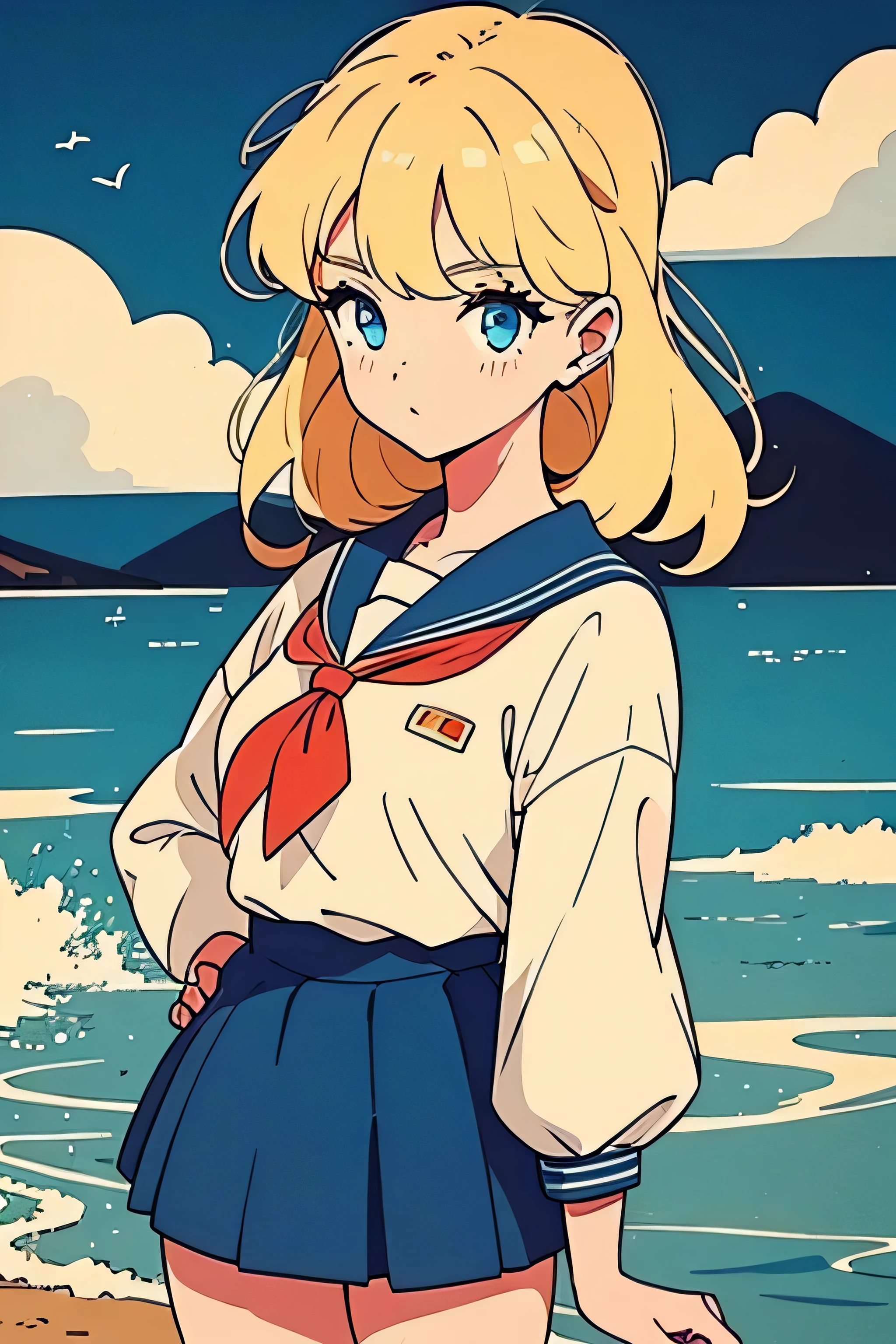 1girl,blond hair,ponyteil,sailor suit,retro modern,japan,sea