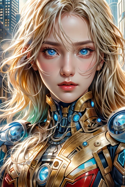 photorealistic, Realistic picture,Masterpiece,high resolution, woman ,have blue eyes, look at the viewer., (detailed face), has blue eyes,blonde hair, cybernetic robot,Metallic red body/gold color,(The details of the outfit are perfect.) The background is a deserted city.