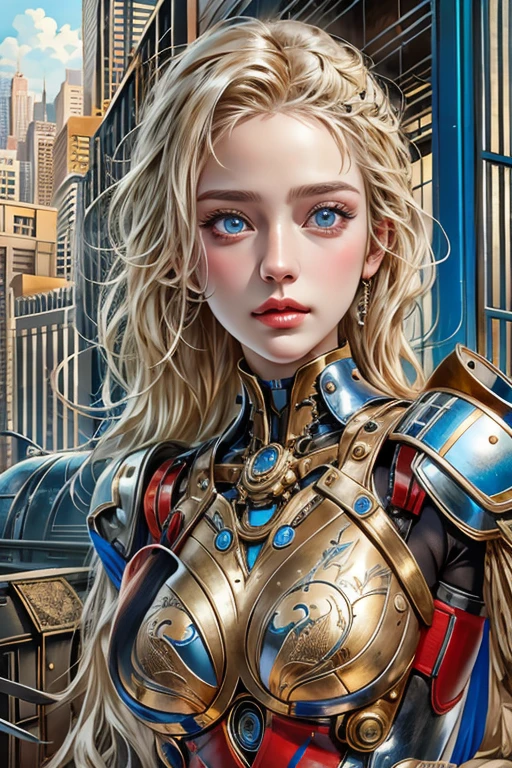 photorealistic, Realistic picture,Masterpiece,high resolution, woman ,have blue eyes, look at the viewer., (detailed face), has blue eyes,blonde hair, cybernetic robot,Metallic red body/gold color,(The details of the outfit are perfect.) The background is a deserted city.