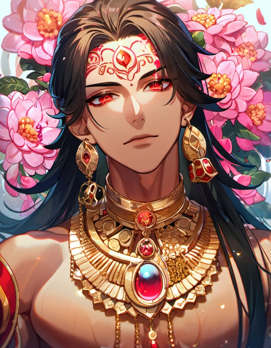 (absurdres, highres, ultra detailed, HDR), master piece, best quality, Asura, black long hair, no bangs, Onmyoji, 1man, handsome, half demon, expressive red eyes, tanned skin, red mark on the forehead, earrings, golden necklace, showing the chest,  pink flowers, pink butterflies, pink petals