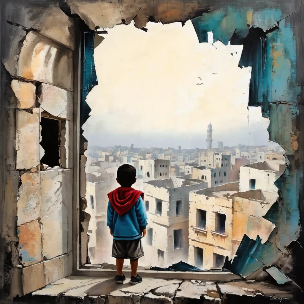 In a vibrant two-dimensional style, depict a  hiding in a room with crumbling walls, looking through a broken window with an expression of surprise and joy at the sight of a thriving city outside. The setting is in Gaza, but the cityscape is imagined by the child as beautiful and prosperous, contrasting with the reality of the surrounding environment. The image should capture the stark contrast between the child's hopeful gaze and the imagined beauty of the city, highlighting the power of imagination amidst adversity.