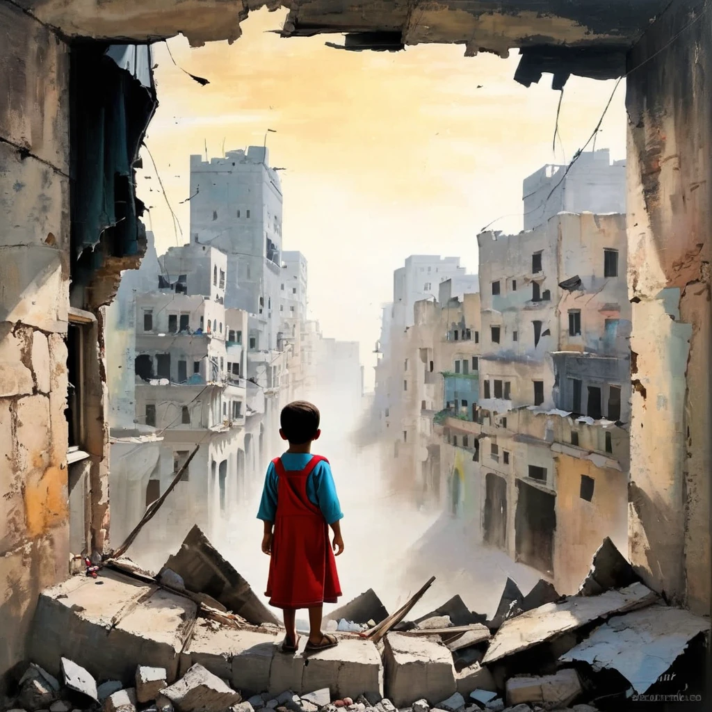 In a vibrant two-dimensional style, depict a child hiding in a room with crumbling walls, looking through a broken window with an expression of surprise and joy at the sight of a thriving city outside. The setting is in Gaza, but the cityscape is imagined by the child as beautiful and prosperous, contrasting with the reality of the surrounding environment. The image should capture the stark contrast between the child's hopeful gaze and the imagined beauty of the city, highlighting the power of imagination amidst adversity.
