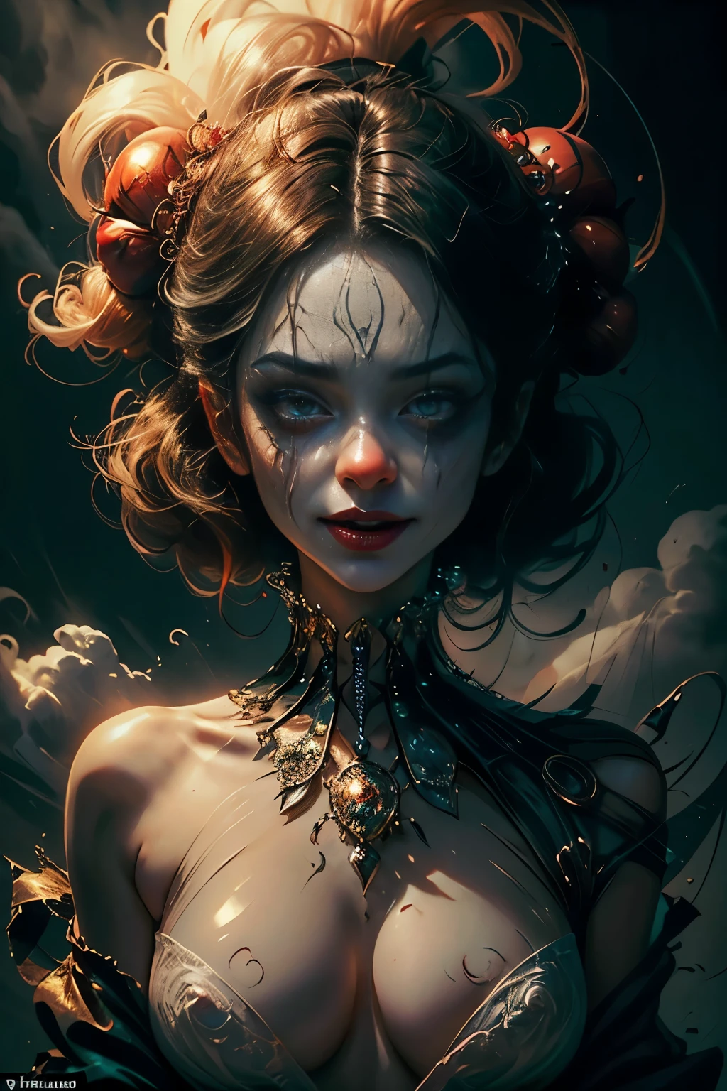 (Cinematic Frame: A beautifully composed image framed to perfection, filled with dramatic tension and visual storytelling, (as if taken straight from a movie set).
Devilishly Evil Clown Girl: A mischievous and menacing clown, her face adorned with an exaggerated makeup and a wicked smile, encircled by swirling clouds of smoky fog, provocatively revealing her nude, sinfully alluring form, almost invisible from the delicate clothes hanging on string, (clinging to her figure with a mere 99% transparency).
Naturism + Denude: A breathtakingly beautiful portrait of a woman celebrating the