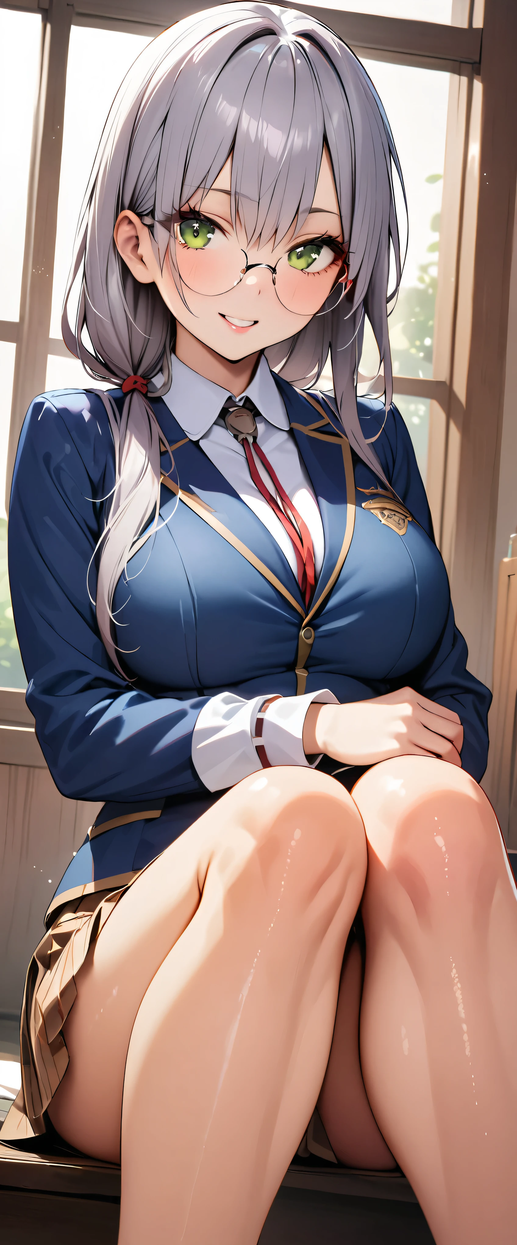 (masterpiece,highest quality,超A high resolution),japanese woman, (((Very beautiful 25 year old girl))), pretty girl、look at the photographer、 ((beautiful low ponytail)), super cute face, glossy lips, double eyelids in both eyes,natural smile、 natural makeup, long eyelashes, Shiny and smooth hair、center image, perfect limbs, perfect anatomy,(((school uniform))、School,open mouth smile,glasses