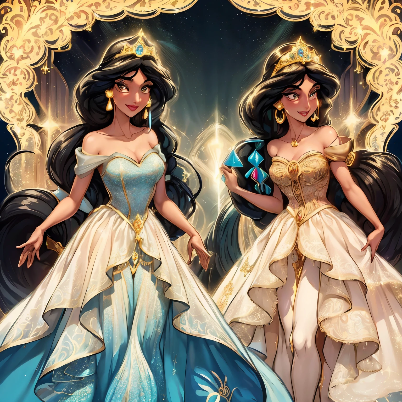 (A magical transformation:1.2), (the highest quality:1.2), exquisite, long dark hair, Princess Jasmine, stunning makeover, enchanted beauty, luxurious locks, shiny and silky, perfect haircut, enchanting aura, (Disney magic:1.5), flowing tresses, mesmerizing eyes, radiant smile, (sparkling tiara:1.4), (princess gown:1.3), (enchanted garden background:1.2)