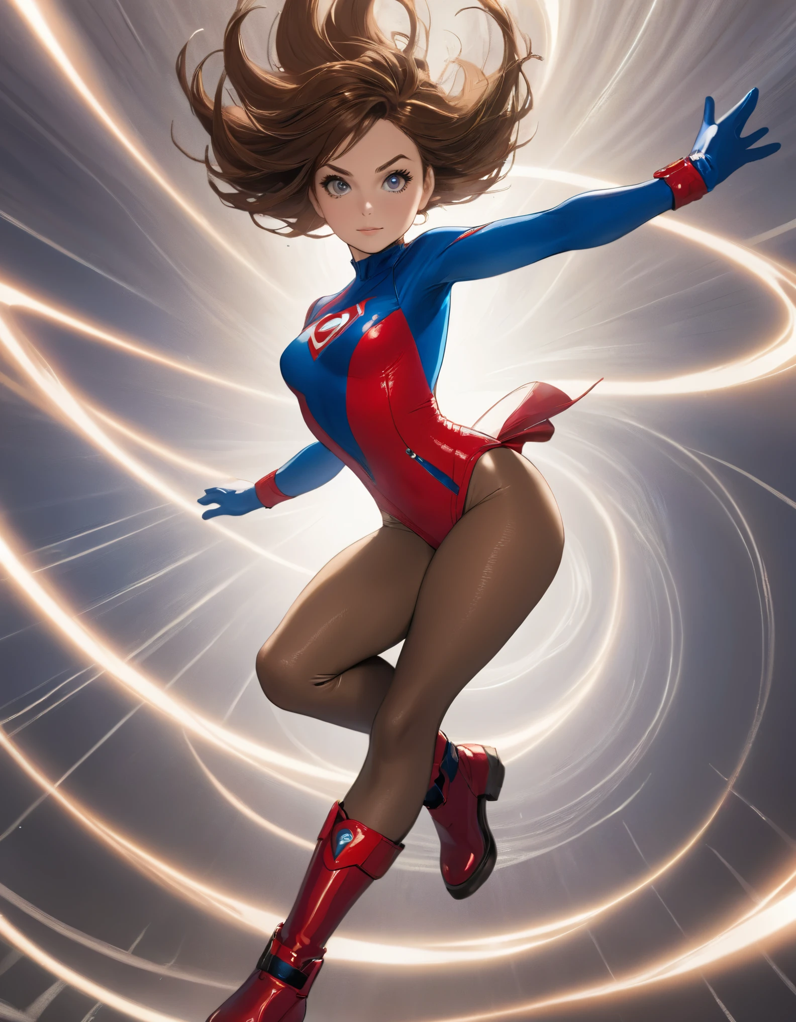 1girl, solo, solo focus, a female superhero spins in place like a tornado, medium breasts, leotard, red and blue leotard, bare legs, boots, matching boots, gloves, matching gloves, brown hair, full body, spiral lines, time travel