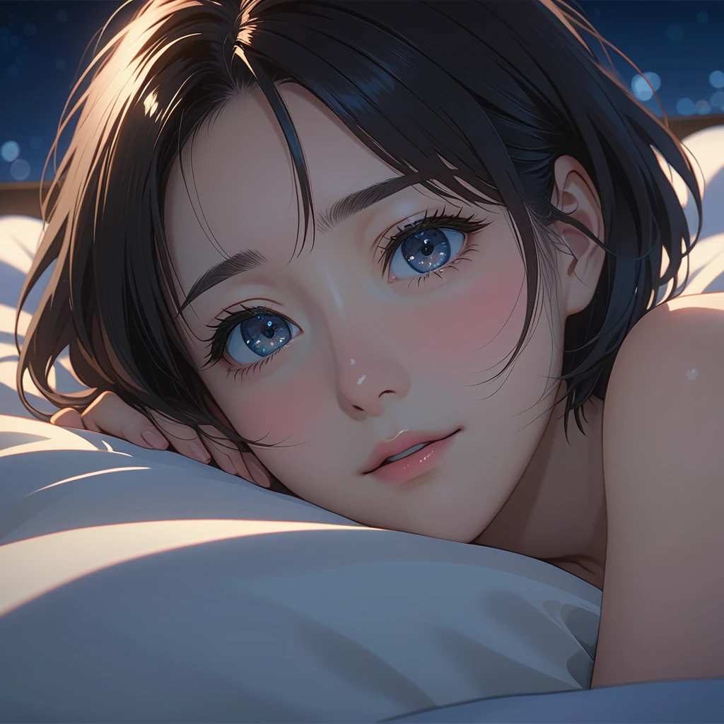 masterpiece, High resolution, illustration, kyoto animation style, Your name is cinematic style, night, midnight, Light, (1 female: 1.3), (alone: 1.4), long eyelashes, short bob, nose blushing, futon, lying down, naked, face close-up, Hide with hands , Hide with hands,