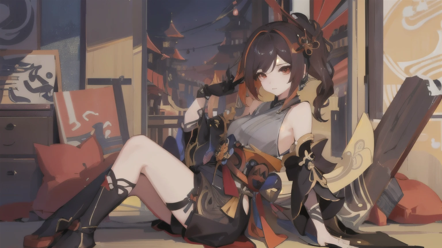 Anime characters in shop window with oriental decorations, 《Azure Lane》Role, a scene from《Azure Lane》Electronic games, Onmyoji, fleet collection style, Krenz Kushat and Lin Wenjun, Popular topics on cgstation, official artwork, Popular topics on artstation pixiv, Azure Lane style, An anime cover, Onmyoji详细艺术