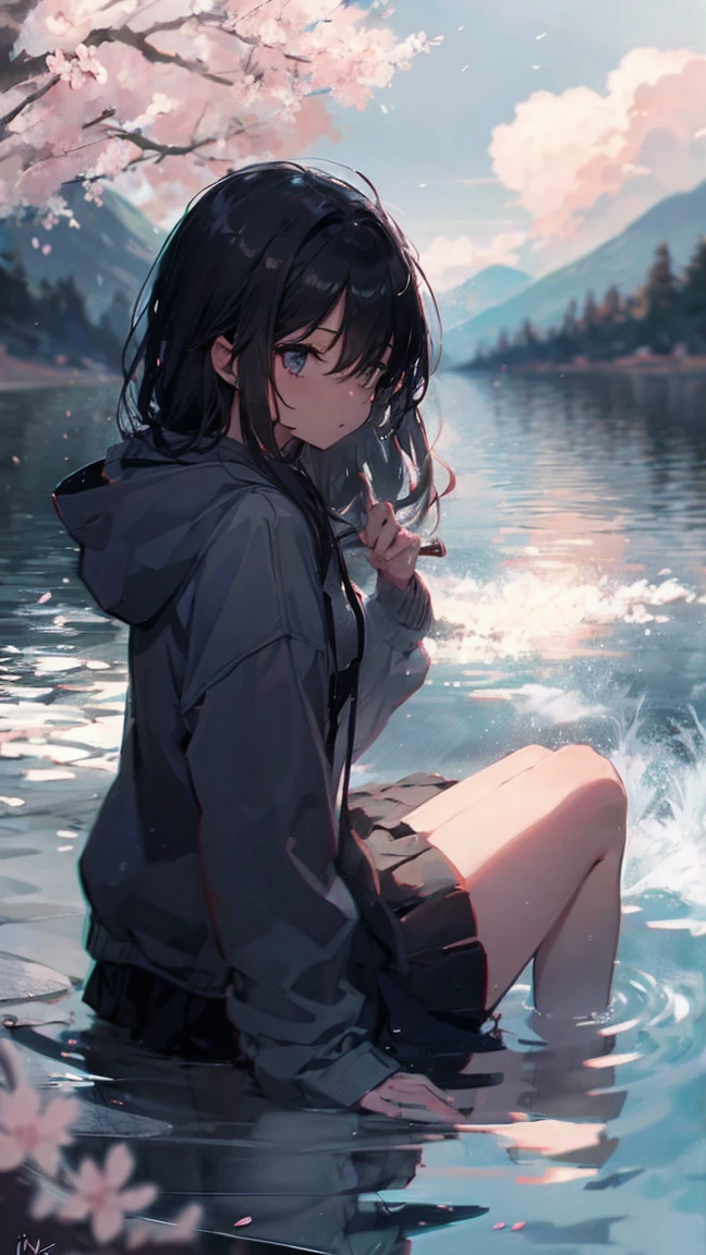Masterpiece, best quality, expressive eyes, perfect face, cute, waterfall, shino asada, black hair, hair between eyes, short hair, white scarf, hairclip, hair ornament, hair ribbon, glasses, black skirt, casual