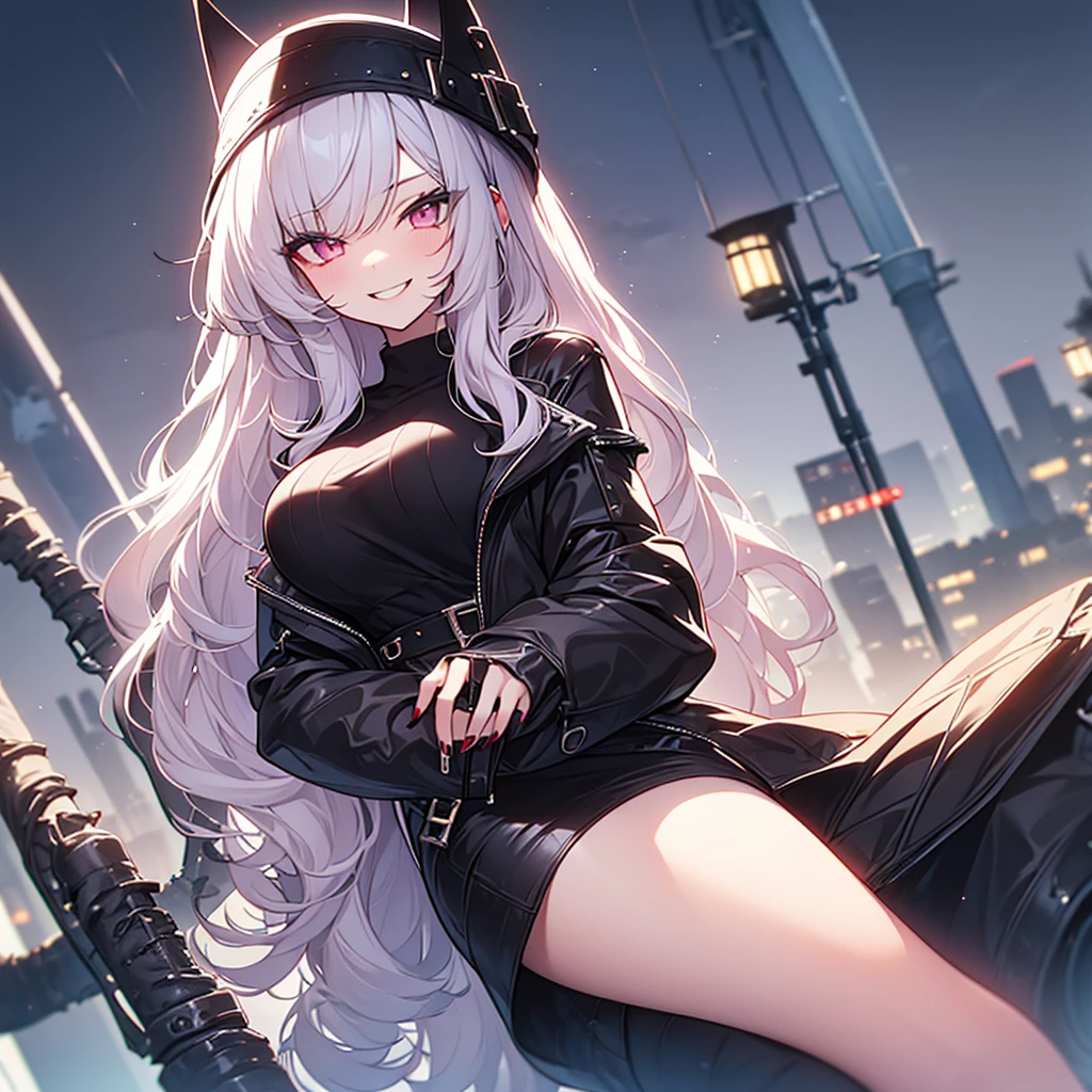  highest quality、silver hair、straight hair、slanted eyes、pink eyes、pale skin、vampire、Black long sleeve knitted outfit、big breasts、short skirt、knee high boots、sexy、冷酷なsmile、murderous intent、Insanity、cruel、attack、darkness、Ahe face、red nails、smile、devil castle